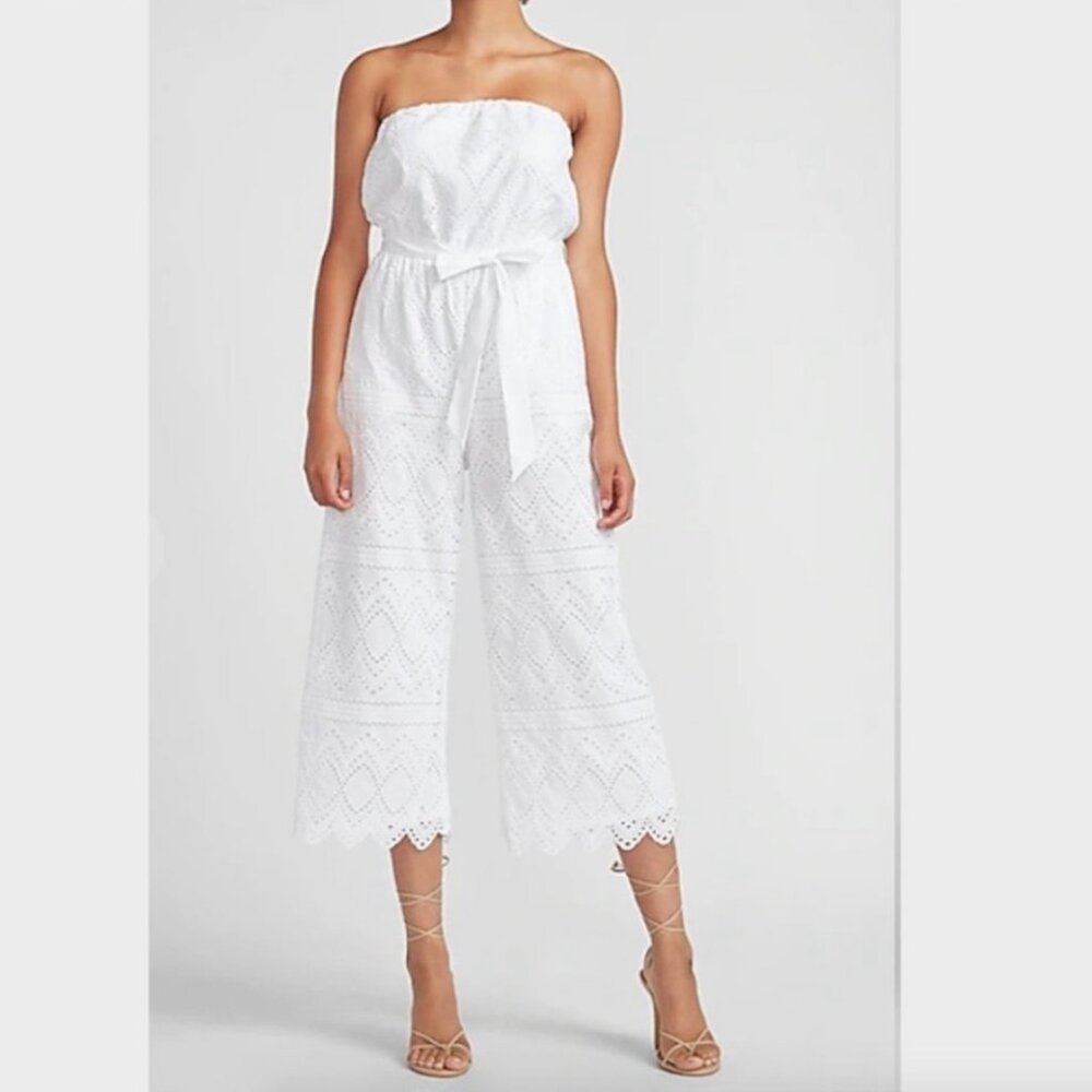 Express Eyelet Strapless Cropped Jumpsuit Scalloped Trim